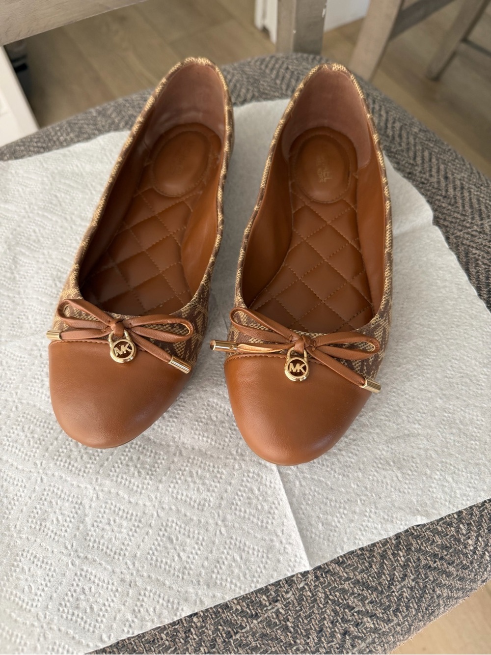 Michael Kors Cognac Leather Cap-Toe Ballet Flats with MK Charm